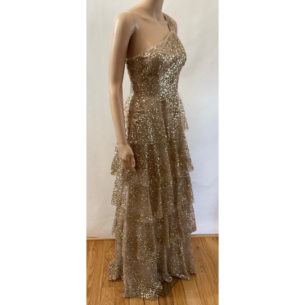 MARCHESA NOTTE GOLD GLITTER & BEADED TIERED GOWN - Picture 2 of 7